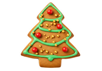 Isolated gingerbread cookie in Christmas tree shape with green icing and sprinkles