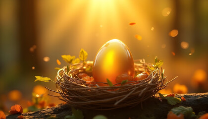 Imagine a golden egg nestled in a delicate bird’s nest made of shimmering twigs and glittering leaves. The egg glows softly with warm metallic light and rests in a peaceful spring forest setting. 