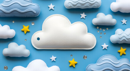 Fototapeta premium Dreamy sky filled with fluffy clouds, twinkling stars, and shimmering sequins, perfect for nursery decor or whimsical designs