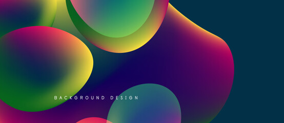Vibrant abstract shapes overlap, creating fluid gradients. Colors blendgreen, purple, blue, pinkforming dynamic background design.