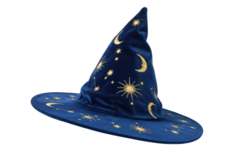 Isolated magician hat with celestial gold embroidery, wizard cap for costume or dress up