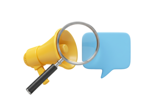 Isolated megaphone with speech bubble and magnifying glass for research concept idea