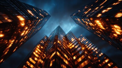 A stunning view of towering skyscrapers illuminated by warm light, set against a moody sky, showcasing architectural beauty and urban ambiance at night.