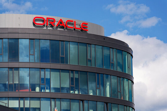 Oracle company logo on headquarters building on May 29, 2025 in Prague, Czech republic.