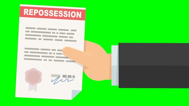 A hand presents a repossession document from the right on a green screen with alpha channel (flat design)