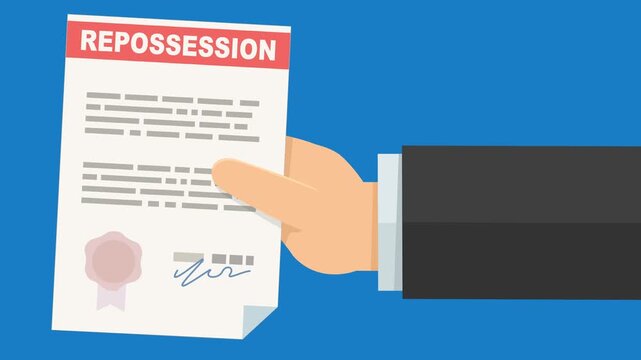 A hand presents a repossession document from the right on blue background (flat design)