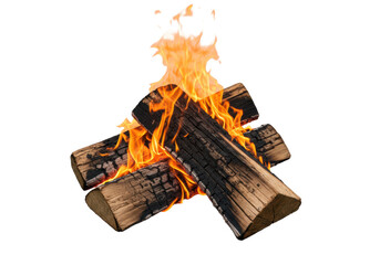 Isolated firewood burning stack, orange flames licking logs, campfire ablaze for warmth © Sophie