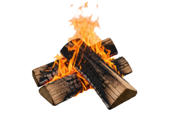 Isolated firewood burning stack, orange flames licking logs, campfire ablaze for warmth