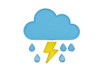 Isolated blue cloud with raindrops and yellow lightning bolt depicts stormy weather