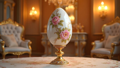 Design a royal-themed Easter egg standing upright with floral carvings climbing its glossy surface. The egg is white porcelain with elegant gold filigree and pastel flower inlays.