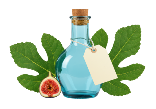 Isolated fig fruit and essence bottle with tag over leaves, transparent natural cosmetic oil