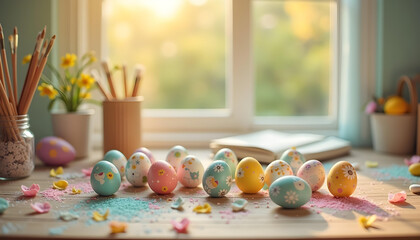 Create a charming Easter still life featuring a wooden table covered with hand-painted eggs in patterns like sunflowers, birds, rabbits, and hearts. Use a palette of bright colors — coral, mint