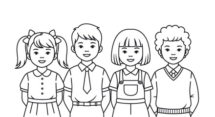 A black and white line art illustration of four diverse smiling school children standing together perfect for a coloring page.