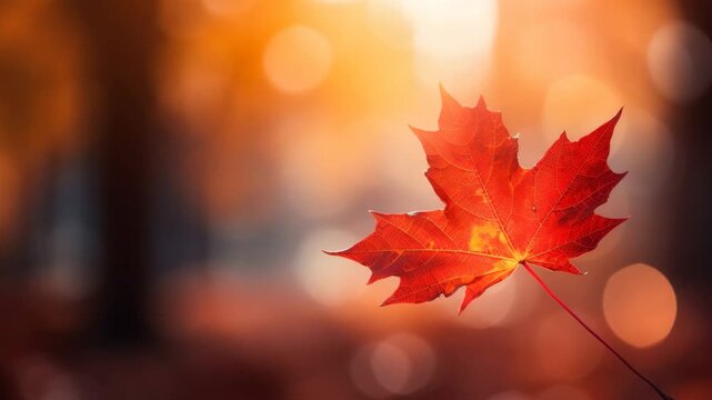 Orange fall leaf glowing in warm light  