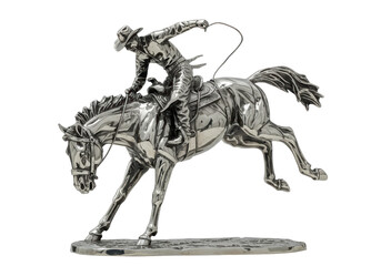 Isolated vintage figurine of a cowboy on a horse, rodeo riding silver statuette