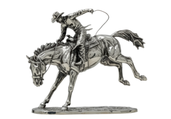 Isolated vintage figurine of a cowboy on a horse, rodeo riding silver statuette