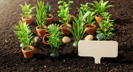 Fototapeta premium Cultivate your brand with this fresh, natural background of seedlings in terracotta pots, perfect for eco-friendly messages and sustainable business ventures