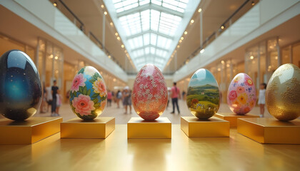 Create an Easter-themed art gallery with each egg displayed in a golden glass case. Each egg has a unique theme: a galaxy egg, a floral egg, a gem-studded royal egg, a candy-covered egg,