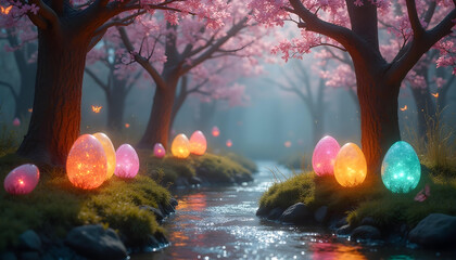 Design an enchanted Easter forest where crystal Easter eggs grow on trees like fruit. Each egg glows in a mix of shimmering colors — magenta, emerald, aquamarine, and gold. The trees have golden bark 