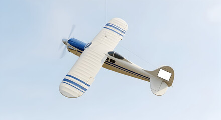 Fototapeta premium Vintage airplane soaring through the sky with a blank sign for customization, perfect for travel ads or aviation promotions showing classic style and freedom