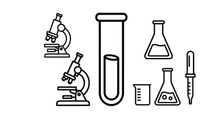 Scientific Laboratory Equipment Icons: Microscopes Test Tubes Flasks and Pipette.