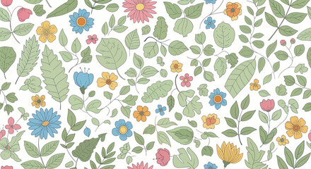 Delicate Floral and Leafy Botanical Pattern with Soft Pastel Colors.