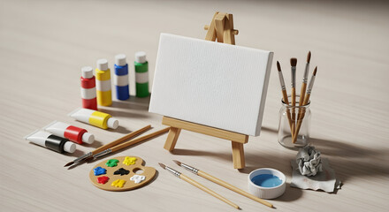Fototapeta premium Get creative with this blank canvas and vibrant paint supplies, perfect for sparking imagination and artistic expression in your next project