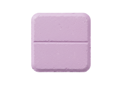 Isolated, pink rectangular pill with center score mark, medication for pharmaceutical use