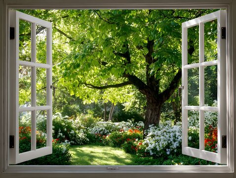 Open white window looks out onto a beautiful, lush green garden on a sunny day, conveying a sense of freedom, absolute freshness, and great optimism.