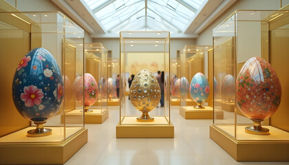 Create an Easter-themed art gallery with each egg displayed in a golden glass case. Each egg has a unique theme: a galaxy egg, a floral egg, a gem-studded royal egg, a candy-covered egg, 