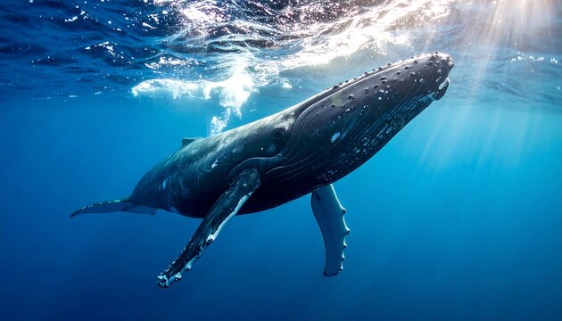 Humpback whale swimming underwater. Sunlight streams through the water