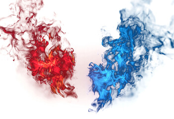 Abstract representation of hot red fire and cold blue ice flames clashing, isolated on transparent background