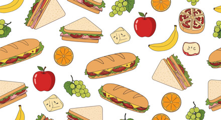 Food Pattern with Sandwiches Fruits and Snacks: A Colorful and Nutritious Design.