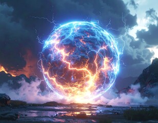 Cosmic sphere in stormy landscape