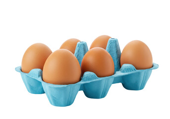 Isolated raw chicken eggs in blue cardboard egg carton, uncooked protein source and food ingredient
