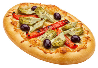 Isolated focaccia pizza with artichoke hearts, olives, and red pepper - Italian flatbread