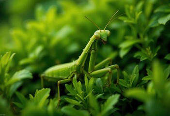 Hidden in Plain Sight  A Praying Mantis s Perfect Camouflage in a Lush Green Garden, Revealing the Secrets of Nature