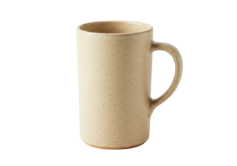 Isolated speckled beige tall mug, neutral warm color clay cup for coffee or tea, no liquid