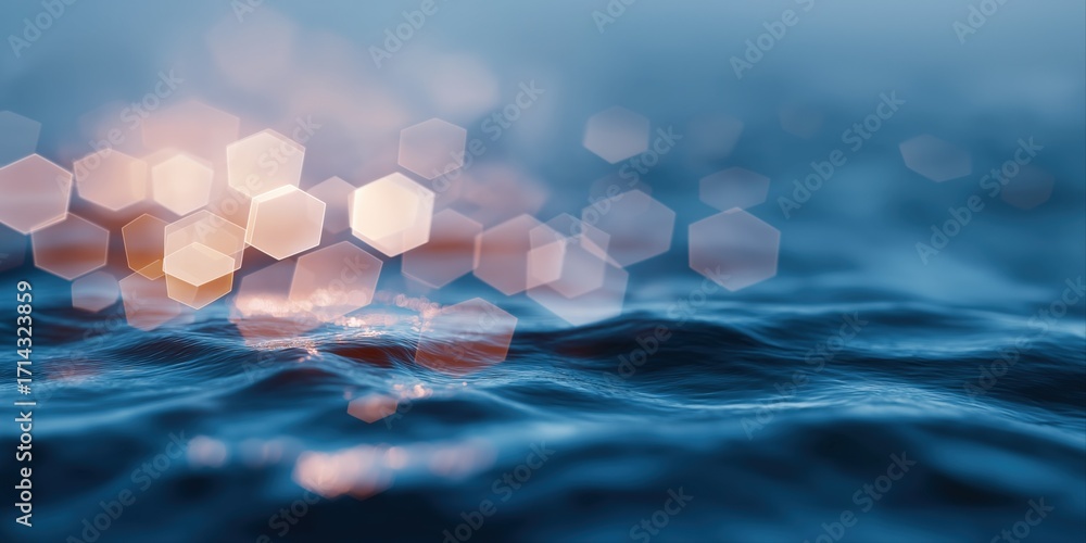 Poster abstract hexagonal bokeh over ocean waves in sunset lighting