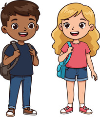 Cartoon school children, smiling boy and girl, backpack, shoulder bag, casual outfit, vector illustration, isolated white background, educational design