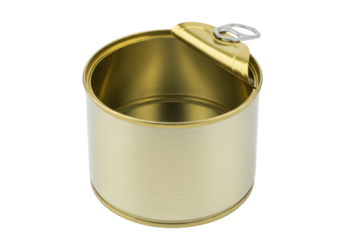 Isolated opened metallic tin can with pull ring against neutral background for food and storage