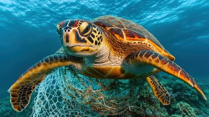 Fototapeta premium Sea Turtle Swims Through Ocean with Fishing Net Tangle