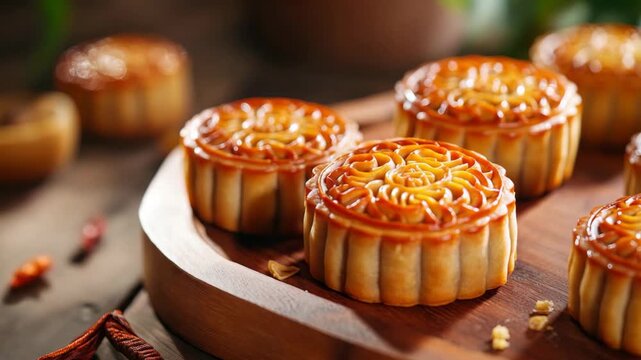 Closeup of festive Chinese mooncake dessert 
