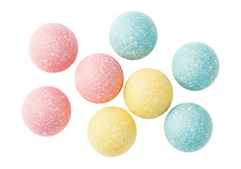 Isolated pastel candy balls, pink, yellow, and blue, perfect for Easter, sweets, or confections