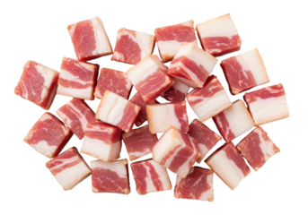 Isolated uncooked pork belly cubes, cut into bacon lardons and ready for the pan, no waste