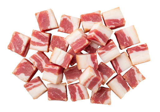Isolated uncooked pork belly cubes, cut into bacon lardons and ready for the pan, no waste