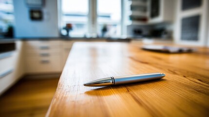 instrument. A single pen lying on a wooden desk with blurred background, professional workspace vibe. pitch deck slides, case study pages, designed for brand storytelling and e-commerce strategy.