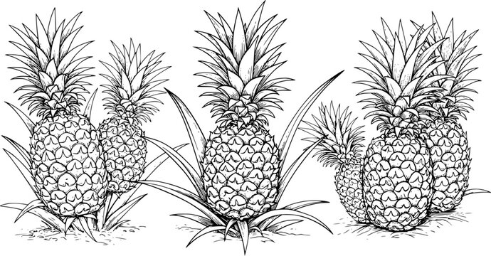 Pineapple vector hand drawn line art in nature, pineapple silhouettes set in bold black