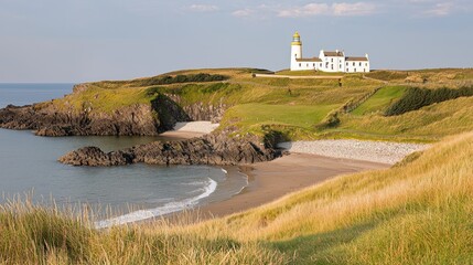 Scenic Lighthouse Overlooking Calm Ocean and Sandy Beach
