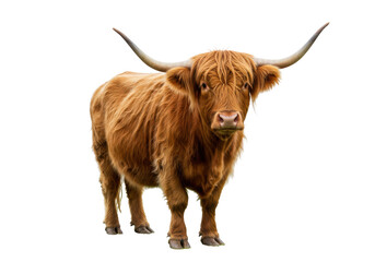 Isolated reddish-brown Highland cattle, a Scottish breed of rustic cattle with long horns